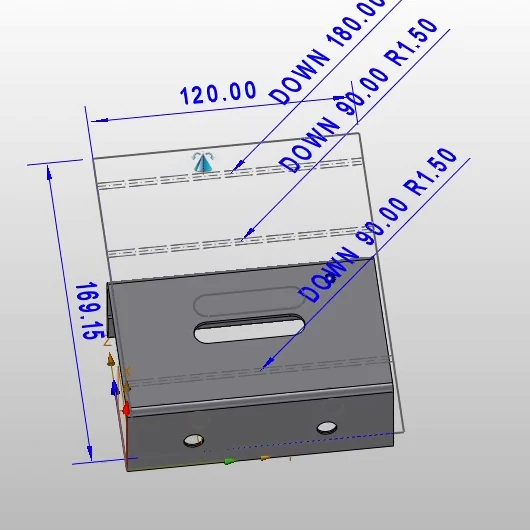 Imported STEP bracket after AutoBend: flat pattern with bend lines, including a 180 degree hem